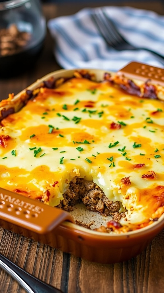 A hearty potato hamburger casserole with cheese and beef layered, served on a rustic table.